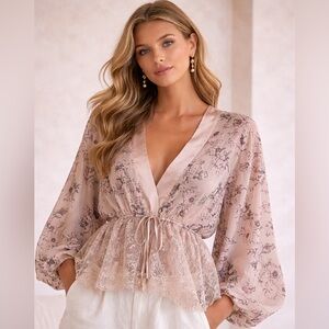 T82. Floral Lace-Trim Drawstring Peplum Top - Blush